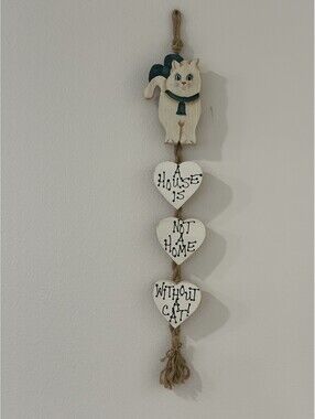 Vintage Wooden Cat Wall Hanging Sign Rustic Country Folk Art Decor 26" long
